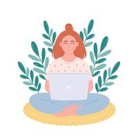 vrouw zittend met laptop. vrouw werken Aan computer. freelance, werk van huis, afgelegen werken vector