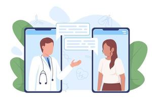 online overleg met therapeut vlak concept vector illustratie. e-vergadering met dokter. bewerkbare 2d tekenfilm tekens Aan wit voor web ontwerp. creatief idee voor website, mobiel, presentatie