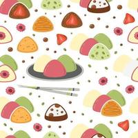 geheel en gesneden mochi met hashi eetstokjes naadloos patroon. klassiek Japans zoet voedsel oppervlakte ontwerp. Aziatisch toetje rijst- cakes daifuku hand- getrokken vlak vector illustratie geïsoleerd Aan wit