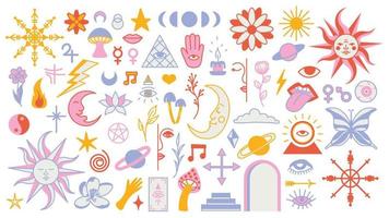 magie achtergrond groovy in retro neiging stijl met clip art elementen. mystiek vector geïsoleerd patroon. bewerkbare beroerte clip art stickers. esoterisch element hekserij. verzameling van occult symbolen y2k