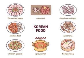 Koreaans uniek voedsel. vleet, rauw vlees, kip voeten, Octopus, kip spiermaag, pittig ramen, samgyetang, ingewanden. vector