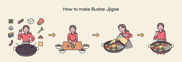 budae-jjigae, een voedsel doordrenkt in Koreaans geschiedenis. een chef legt uit hoe naar maken budae-jjigae. vector