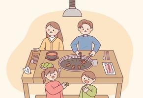 Koreaans samgyeopsal restaurant. een familie van vier is zittend Bij de tafel gelukkig. vector