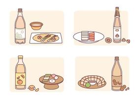 Koreaans traditioneel alcohol makgeolli en kant voedsel. makgeolli gemaakt met divers ingrediënten en voedsel dat gaat goed met alcohol. vector