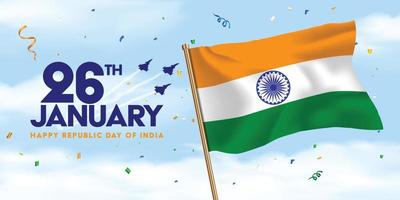 26e januari Indisch republiek dag spandoek. vlag vliegend in de lucht met confetti in de omgeving van vector