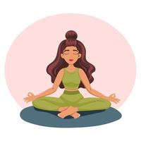 vredig jong vrouw in zen yoga positie, mediteren. verlichting, bewustzijn en harmonie concept. vector