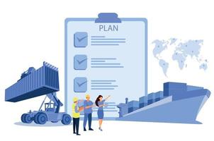 logistiek en Verzending van houder vrachtauto Bij schip haven voor bedrijf houder lading schip en lading vlak met kraan brug werken Bij scheepswerf Bij zonsopkomst, logistiek importeren exporteren en Verzending vector