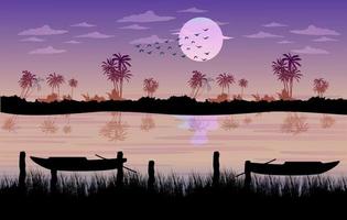 dorp landschap water maanlicht achtergrond vrij, nacht landschap achtergrond, boom Bij de meer, mooi donker buitenwijk landschap vector