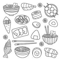 Japans voedsel tekening set. Aziatisch keuken. ramen, sushi, onigiri, dango in schetsen stijl. hand- getrokken vector illustratie geïsoleerd Aan wit achtergrond