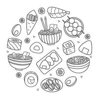 Japans voedsel tekening set. Aziatisch keuken. ramen, sushi, onigiri, dango in schetsen stijl. hand- getrokken vector illustratie geïsoleerd Aan wit achtergrond