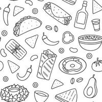 naadloos patroon van Mexicaans voedsel tekening set. Mexicaans keuken. burrito, taco, nacho's in schetsen stijl. hand- getrokken vector illustratie geïsoleerd Aan wit achtergrond