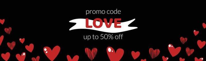 reclame web banier voor Valentijnsdag dag. korting, uitverkoop, promo code. rood harten vector