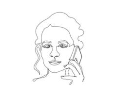 portret van een meisje met een telefoon, hands getrokken, doorlopend mono lijn, een lijn kunst vector