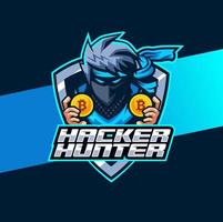 Ninja hacker cryptogeld mascotte logo ontwerp voor e-sport en team logo vector