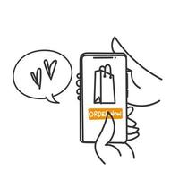 hand- getrokken tekening mobiel telefoon met boodschappen doen zak symbool voor bestellen nu online boodschappen doen vector