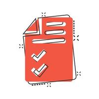 document checklist icoon in grappig stijl. verslag doen van tekenfilm vector illustratie Aan wit geïsoleerd achtergrond. papier vel plons effect bedrijf concept.