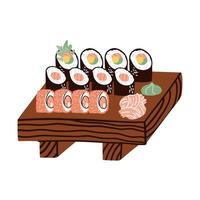 reeks van sushi Aan een houten bord. traditioneel voedsel. hand- getrokken vector illustratie in vlak stijl