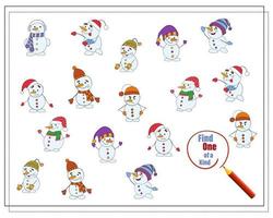 een puzzel spel voor kinderen, vind de een van een vriendelijk. tekenfilm sneeuwman. vector