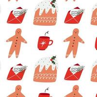 Kerstmis patroon met pudding, peperkoek Mens, kop en brief. gelukkig nieuw jaar en vrolijk Kerstmis achtergrond. winter vakantie textuur. vector ontwerp voor winter vakantie.