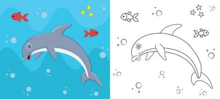 schattig tekenfilm dolfijn kleur bladzijde met lijn kunst vector illustratie