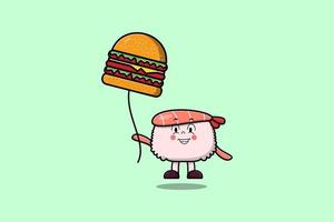schattig tekenfilm sushi garnaal drijvend met hamburger vector