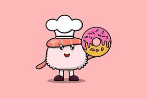 schattig tekenfilm sushi garnaal chef karakter donuts vector