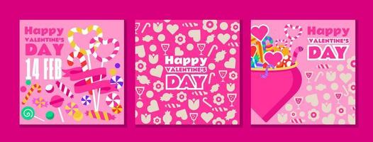 3 gelukkig Valentijnsdag dag Sjablonen. roze kleur, veel van harten, snoepjes en liefde. de ontwerp is perfect voor ansichtkaarten, hartelijk groeten, uitnodigingen naar een feestelijk, romantisch diner. vector