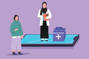 tekenfilm vlak stijl tekening Arabisch vrouw dokter staand Aan reusachtig smartphone scherm en pratend met vrouw geduldig. digitaal online medisch app onderhoud overleg. grafisch ontwerp vector illustratie