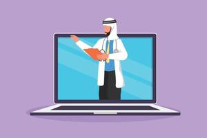 tekenfilm vlak stijl tekening Arabisch mannetje dokter komen uit van laptop computer scherm Holding klembord. online dokter medisch app onderhoud. digitaal gezondheidszorg overleg. grafisch ontwerp vector illustratie