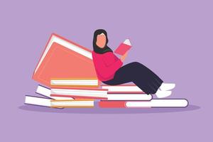 tekenfilm vlak stijl tekening Arabisch vrouw lezing, aan het leren en zittend Aan stapel van groot boeken. studie in bibliotheek. literatuur geliefden, slim leerling, onderwijs concept. grafisch ontwerp vector illustratie