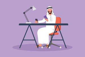 karakter vlak tekening Arabisch Mens zittend Bij bureau en typen binnengaan credit kaart code Aan smartphone. online op te slaan, webwinkel, e-commerce, digitaal betaling tech concept. tekenfilm ontwerp vector illustratie