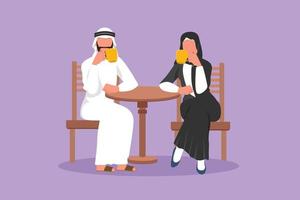 tekenfilm vlak stijl tekening liefhebbend paar is drinken koffie in cafe. Arabisch Mens en vrouw zijn zittend Bij tafel in knus restaurant. ontbijt ochtend- dagelijks concept. grafisch ontwerp vector illustratie