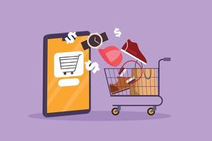 karakter vlak tekening smartphone en boodschappen doen kar met producten gekocht online. e-commerce en digitaal marketing. bestellen naar kar concept. online op te slaan technologie. tekenfilm ontwerp vector illustratie