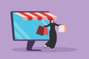 tekenfilm vlak stijl tekening Arabisch vrouw komt eraan uit van toezicht houden op scherm Holding boodschappen doen Tassen. uitverkoop, digitaal levensstijl en consumentisme concept. online op te slaan technologie. grafisch ontwerp vector illustratie