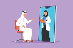 tekenfilm vlak stijl tekening Arabisch vrouw dokter komt uit van smartphone scherm, Holding klembord, controle staat van mannetje geduldig zittend Aan stoel. online medisch. grafisch ontwerp vector illustratie