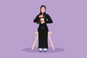 grafisch vlak ontwerp tekening Arabisch vrouw drinken koffie. resting van werk. lunch pauze, bezoeker naar restaurant, koffie winkel. stimulerend drinken in ochtend, cafeïne. tekenfilm stijl vector illustratie