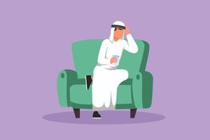 tekenfilm vlak stijl tekening Arabisch Mens zittend Aan bankstel en rusten, drinken thee. mannetje manager ontspannende en Holding glas van koffie. genieten van breken tijd Bij kantoor. grafisch ontwerp vector illustratie