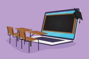 karakter vlak tekening leeg studie stoelen en bureaus geconfronteerd reusachtig laptop computer scherm in welke Daar is whiteboard en diploma uitreiking pet Aan top. e-learning metafoor. tekenfilm ontwerp vector illustratie