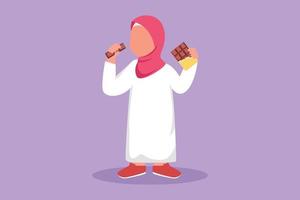 tekenfilm vlak stijl tekening Arabisch weinig kind eten chocola bar verpakt in pakket. aanbiddelijk meisje kind genieten zoet toetje tussendoortje. favoriete lekker traktatie voor kinderen. grafisch ontwerp vector illustratie