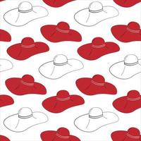 een eindeloos patroon van een gestileerde vrouw breedgerand hoed in rood en wit in verschillend posities. vector