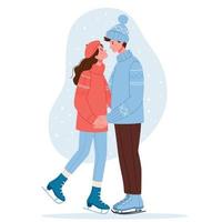 een paar in liefde in winter kleren zijn schaatsen.eenvoudig hand- getrokken illustratie. vector