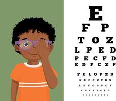 schattig weinig Afrikaanse jongen met bril Hoes zijn oog hebben visie test lezing blok brieven Bij oogarts kantoor vector