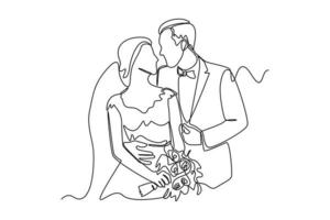 doorlopend een lijn tekening pasgetrouwden knuffelen, glimlachen en op zoek Bij elk ander. bruiloft concept. single lijn trek ontwerp vector grafisch illustratie.