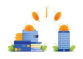 illustratie ontwerp voor financiën, investering en digitaal bank of geldloos. geld dat komt uit van portemonnee en vliegt naar smartphone. kan worden gebruikt voor web, website, affiches, appjes, brochures vector