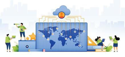 illustratie van leerzaam financiering door buitenlands beurzen. wereld kaart dat verbonden door wolk netwerk naar vind verdienste beurs ontvangers. kan worden gebruikt voor web, website, affiches, appjes, brochures vector