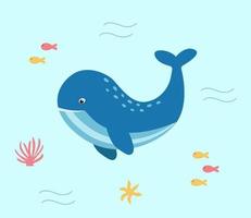 schattig tekenfilm walvis zwemt met vis, zeester en koralen. vector illustratie van oceaan leven.