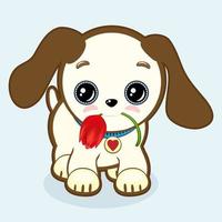 schattig puppy met expressief ogen en groot oren houdt een tulp in zijn mond. weinig hond icoon. vector dierenarts of huisdier winkel. gemakkelijk tekenfilm illustratie.