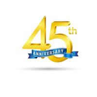 45e gouden verjaardag logo met blauw lint geïsoleerd Aan wit achtergrond. 3d goud verjaardag logo vector