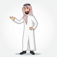 Arabisch zakenman tekenfilm karakter in traditioneel kleren met gastvrij handen vector