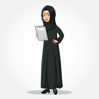 Arabisch zakenvrouw tekenfilm karakter in traditioneel kleren Holding een klembord vector